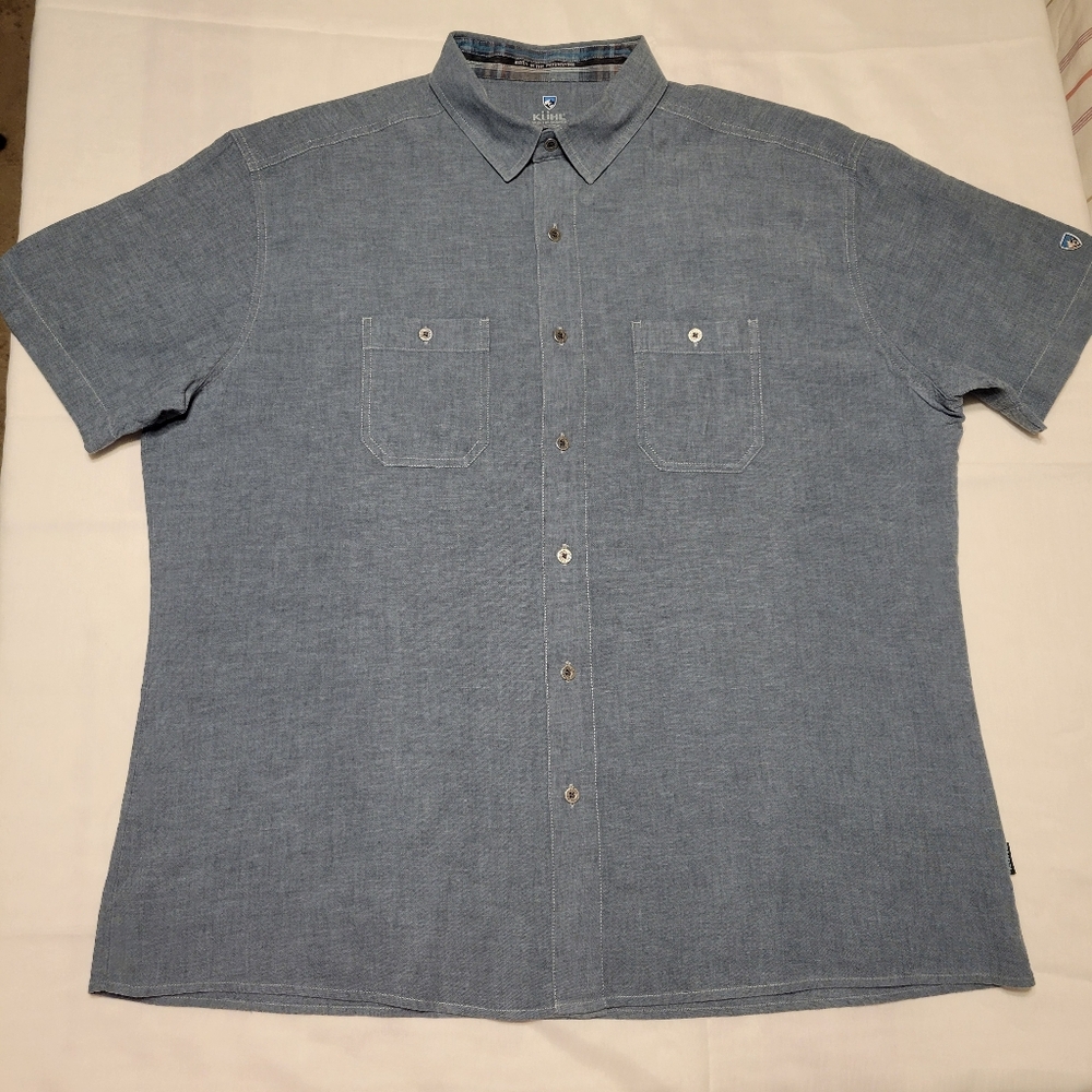 Kuhl Shirt Men 2XL Blue Button Down Linen Blend Hiking Fishing Outdoor